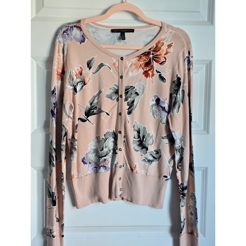 White House Black Market Floral Button Front Cardigan Blush Pink Large